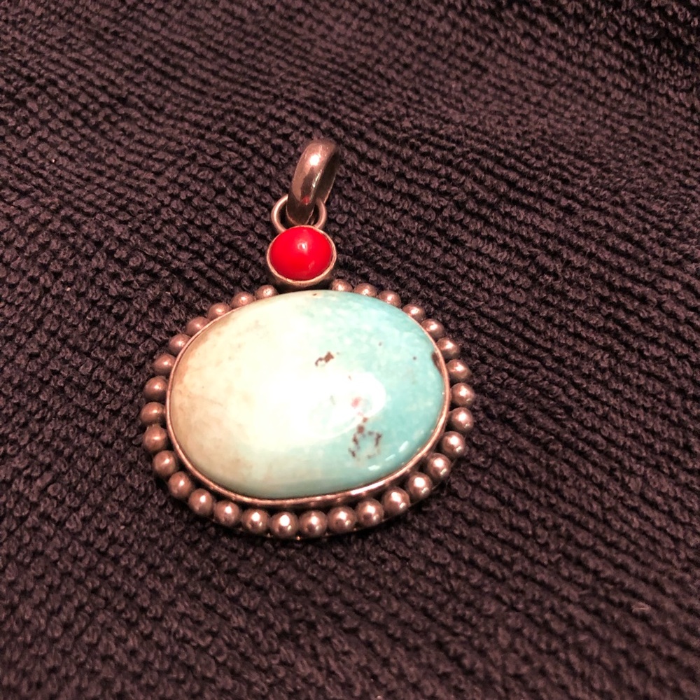 Large Sterling Silver Turquoise & Coral Pendant Necklace on Brown Leather Cord